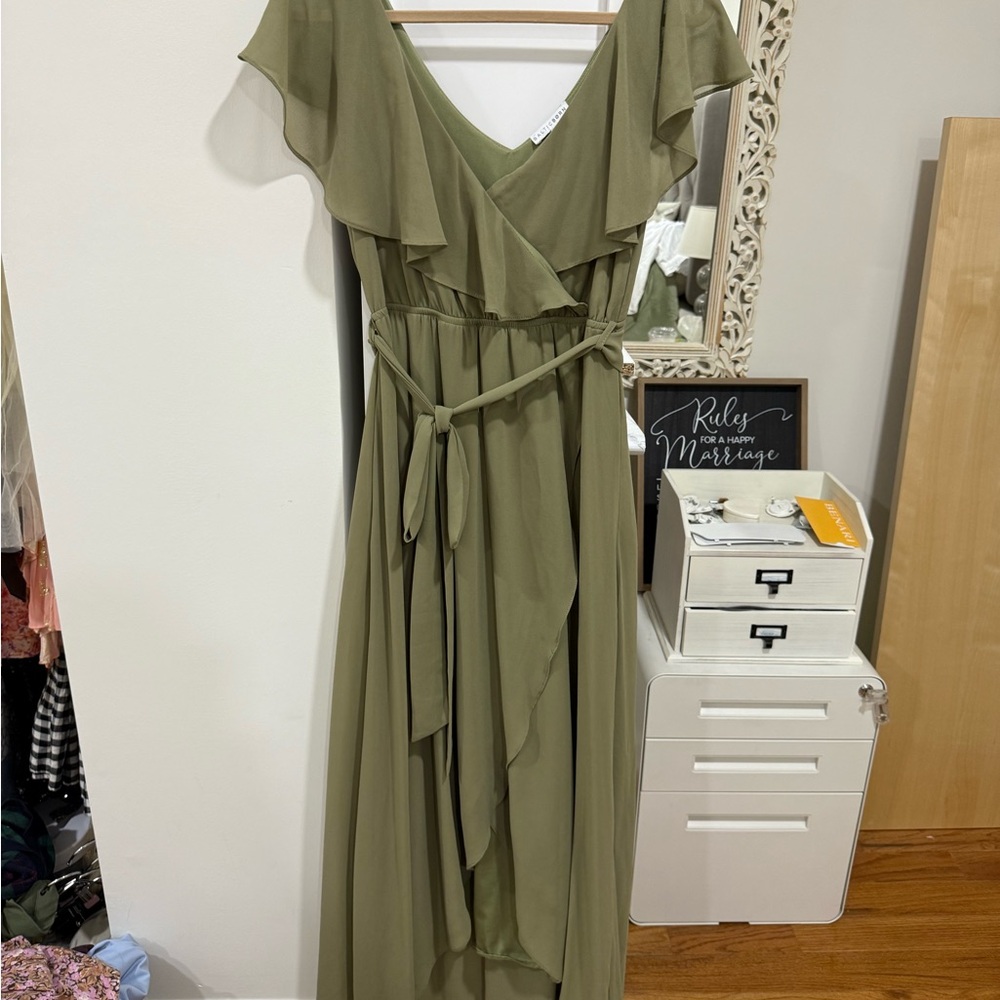 Baltic Born Katya Ruffle Olive Maxi V-Neck Flutter Sleeves